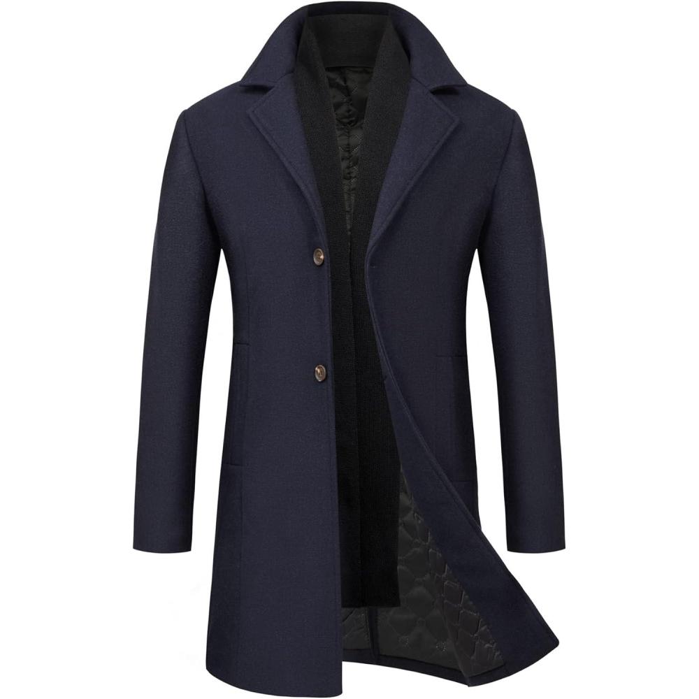 imageWULFUL Men Wool Trench Coat Slim Fit Winter CoatNavy