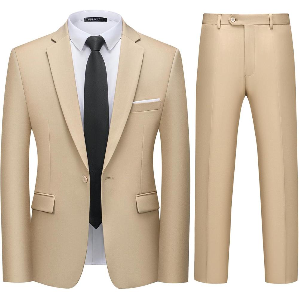 imageWULFUL Mens 2 Piece Slim Fit Suit Set One Button Blazer Jacket Pants Tuxedo Set for Party Wedding and BusinessChampagne