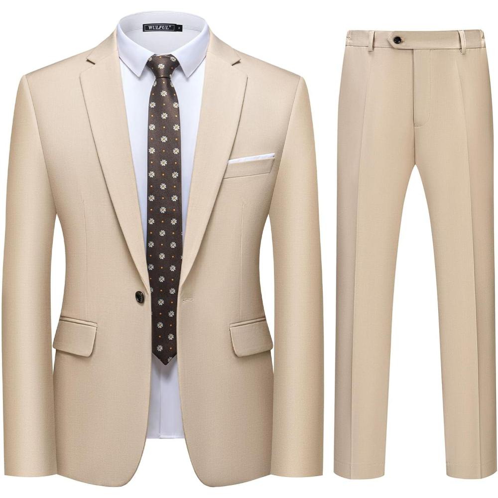 imageWULFUL Mens 2 Piece Slim Fit Suit Set One Button Blazer Jacket Pants Tuxedo Set for Party Wedding and BusinessLight Brown