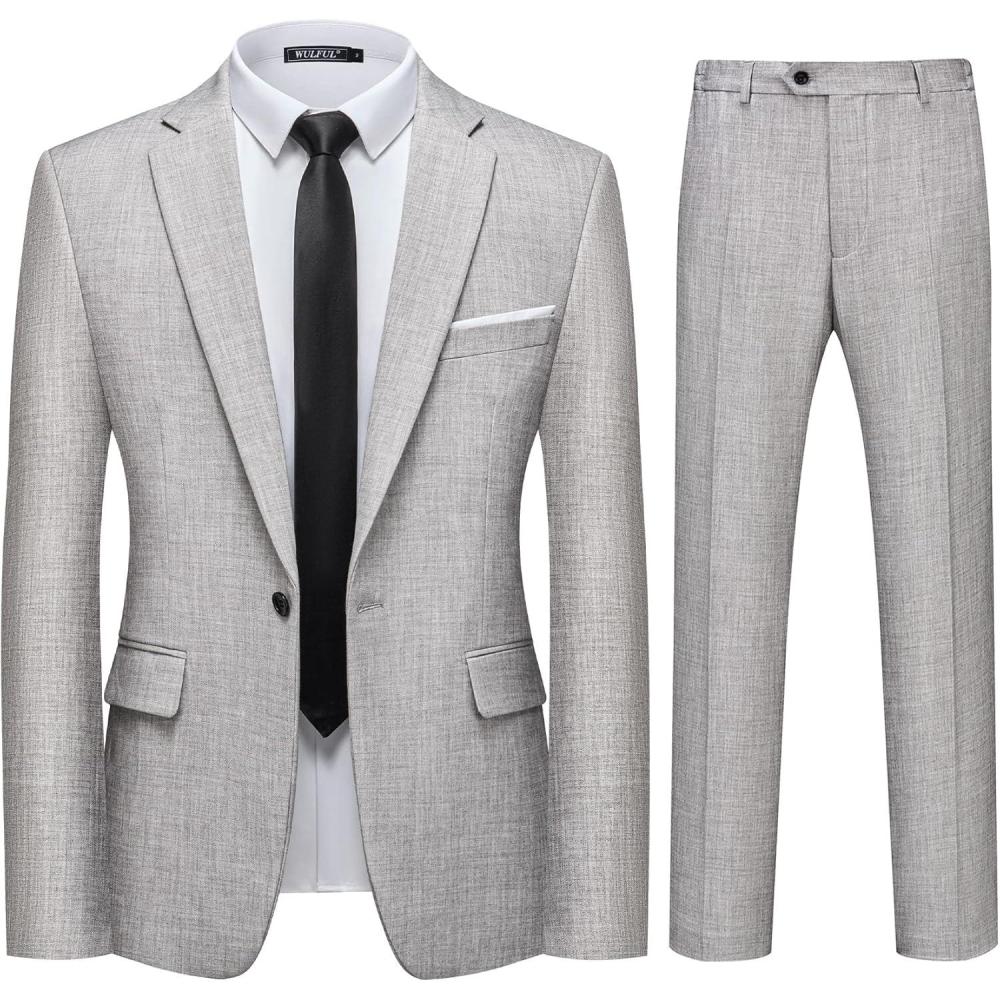 imageWULFUL Mens 2 Piece Slim Fit Suit Set One Button Blazer Jacket Pants Tuxedo Set for Party Wedding and BusinessLight Gray