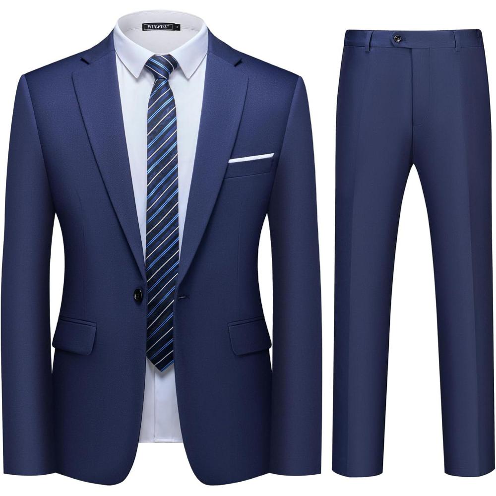imageWULFUL Mens 2 Piece Slim Fit Suit Set One Button Blazer Jacket Pants Tuxedo Set for Party Wedding and BusinessNavy