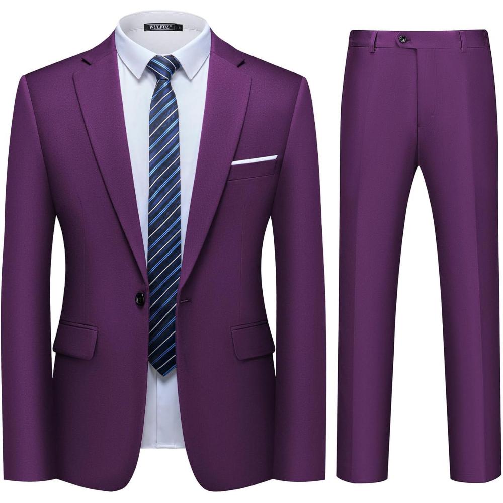 imageWULFUL Mens 2 Piece Slim Fit Suit Set One Button Blazer Jacket Pants Tuxedo Set for Party Wedding and BusinessPurple