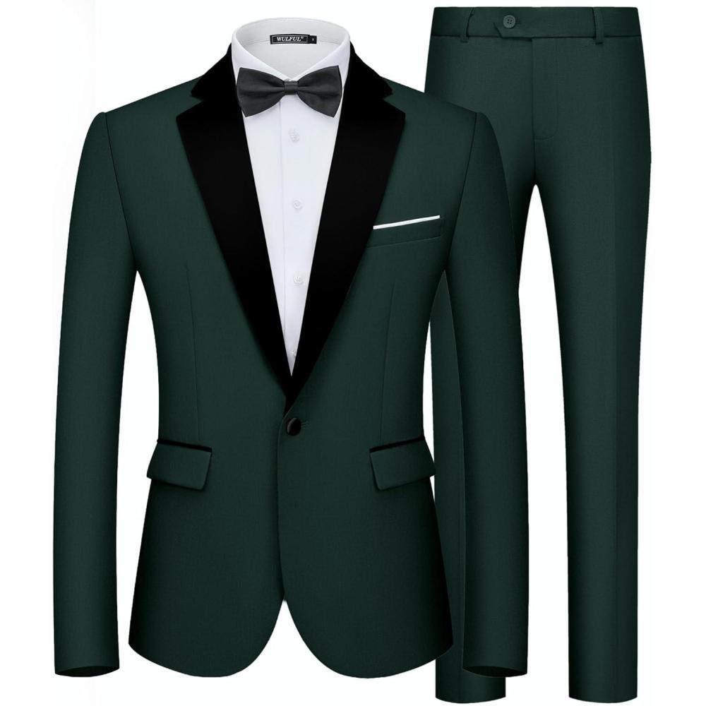 imageWULFUL Mens 2 Piece Slim Fit Suit Set One Button Blazer Jacket Pants Tuxedo Set for Prom Wedding and BusinessDark Green