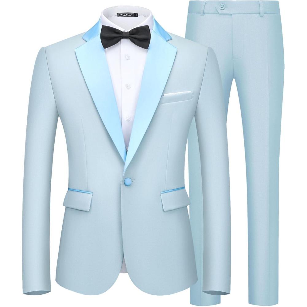 imageWULFUL Mens 2 Piece Slim Fit Suit Set One Button Blazer Jacket Pants Tuxedo Set for Prom Wedding and BusinessLight Blue Light Blue Lapel