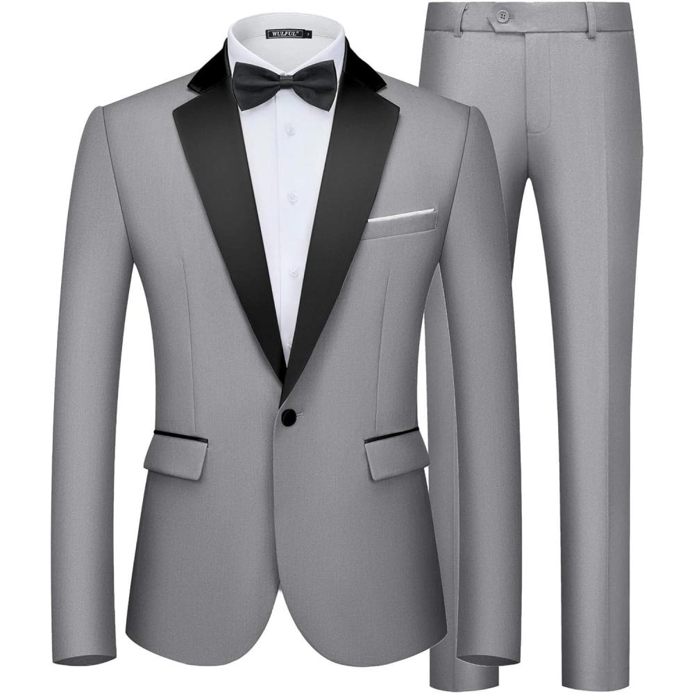 imageWULFUL Mens 2 Piece Slim Fit Suit Set One Button Blazer Jacket Pants Tuxedo Set for Prom Wedding and BusinessLight Grey Black Lapel