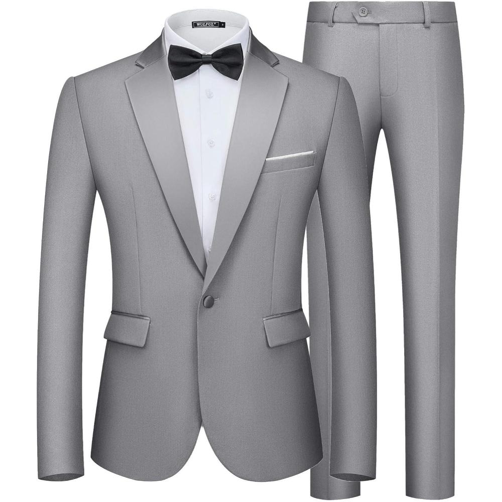 imageWULFUL Mens 2 Piece Slim Fit Suit Set One Button Blazer Jacket Pants Tuxedo Set for Prom Wedding and BusinessLight Grey Light Grey Lapel