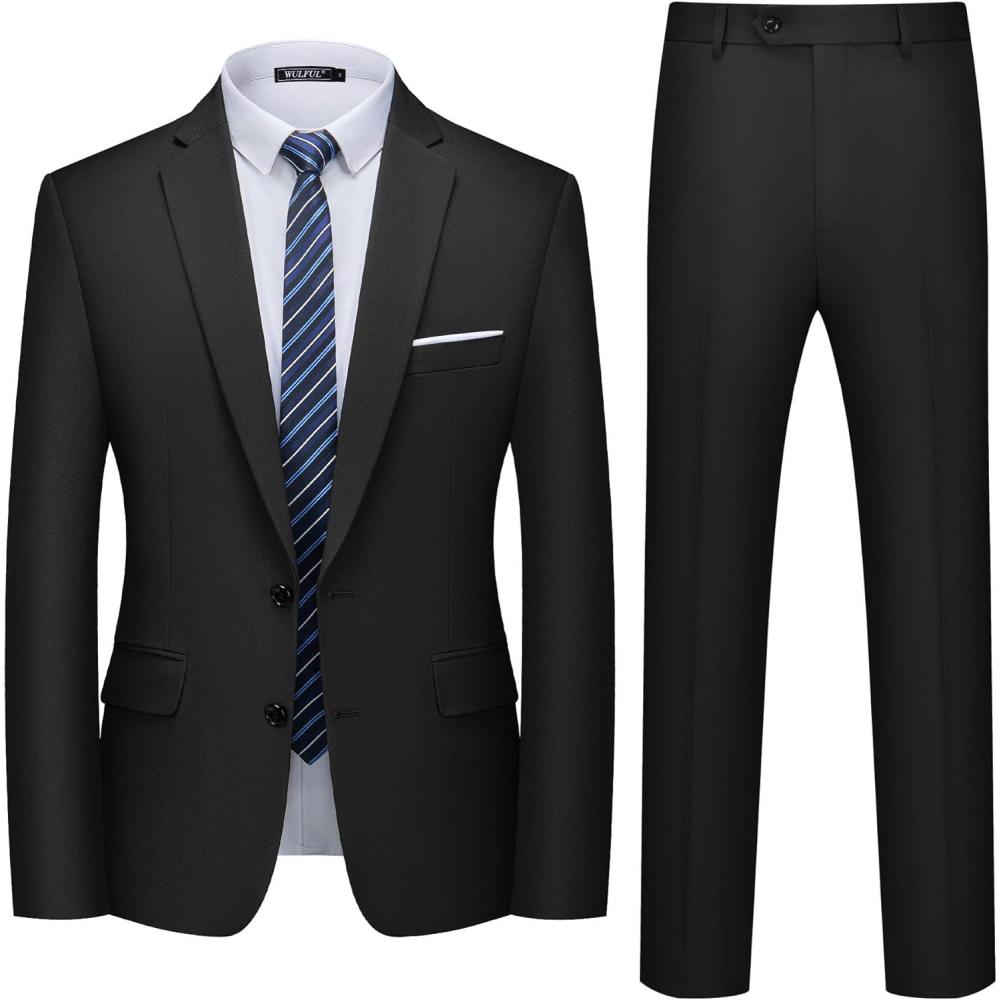 imageWULFUL Mens 2 Piece Suits Slim Fit Two Button Blazer Jacket Pants Set for PartyWedding and BusinessBlack