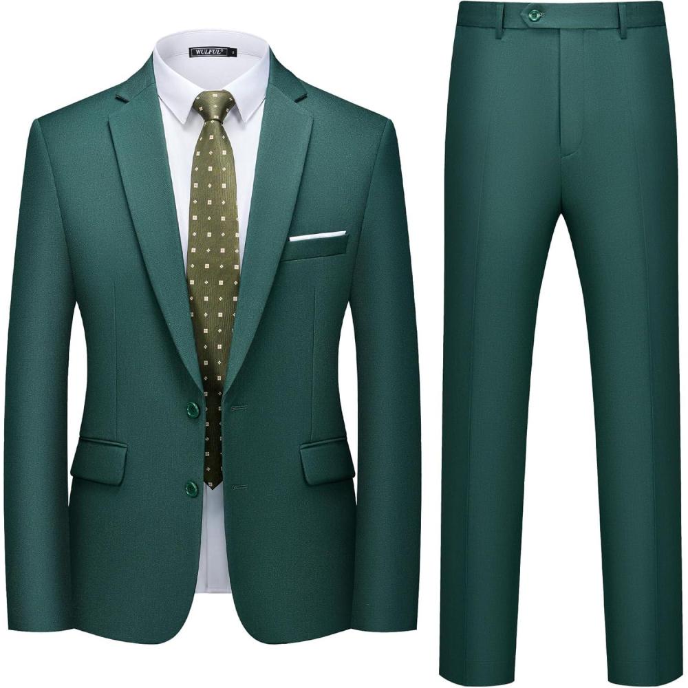 imageWULFUL Mens 2 Piece Suits Slim Fit Two Button Blazer Jacket Pants Set for PartyWedding and BusinessBlackish Green