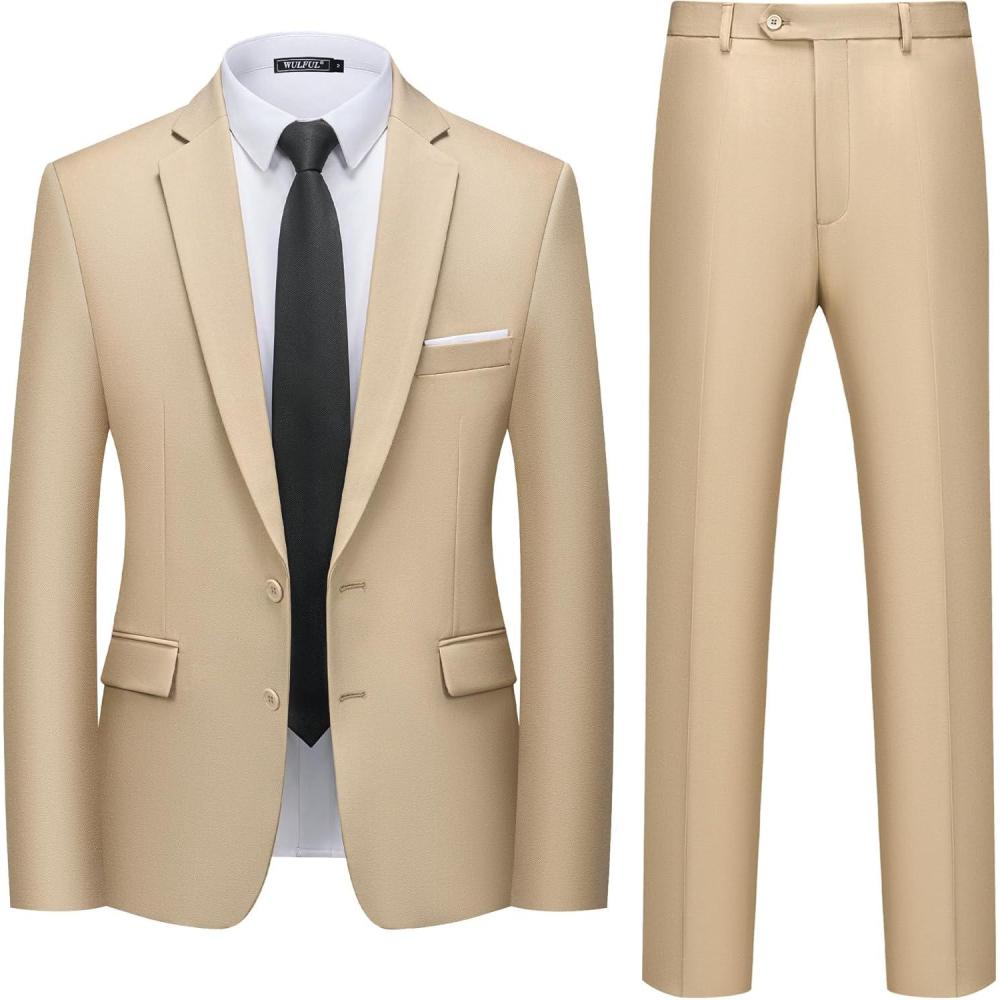 imageWULFUL Mens 2 Piece Suits Slim Fit Two Button Blazer Jacket Pants Set for PartyWedding and BusinessChampagne