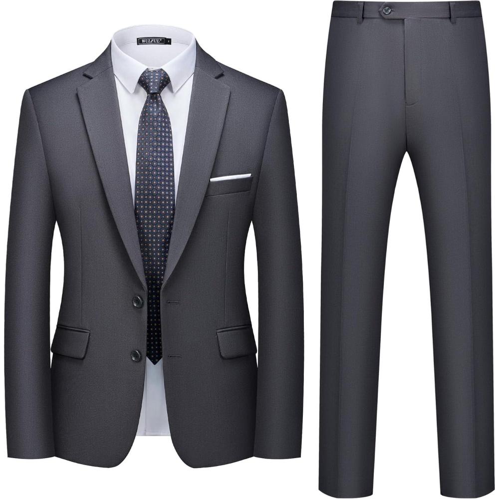 imageWULFUL Mens 2 Piece Suits Slim Fit Two Button Blazer Jacket Pants Set for PartyWedding and BusinessDark Grey