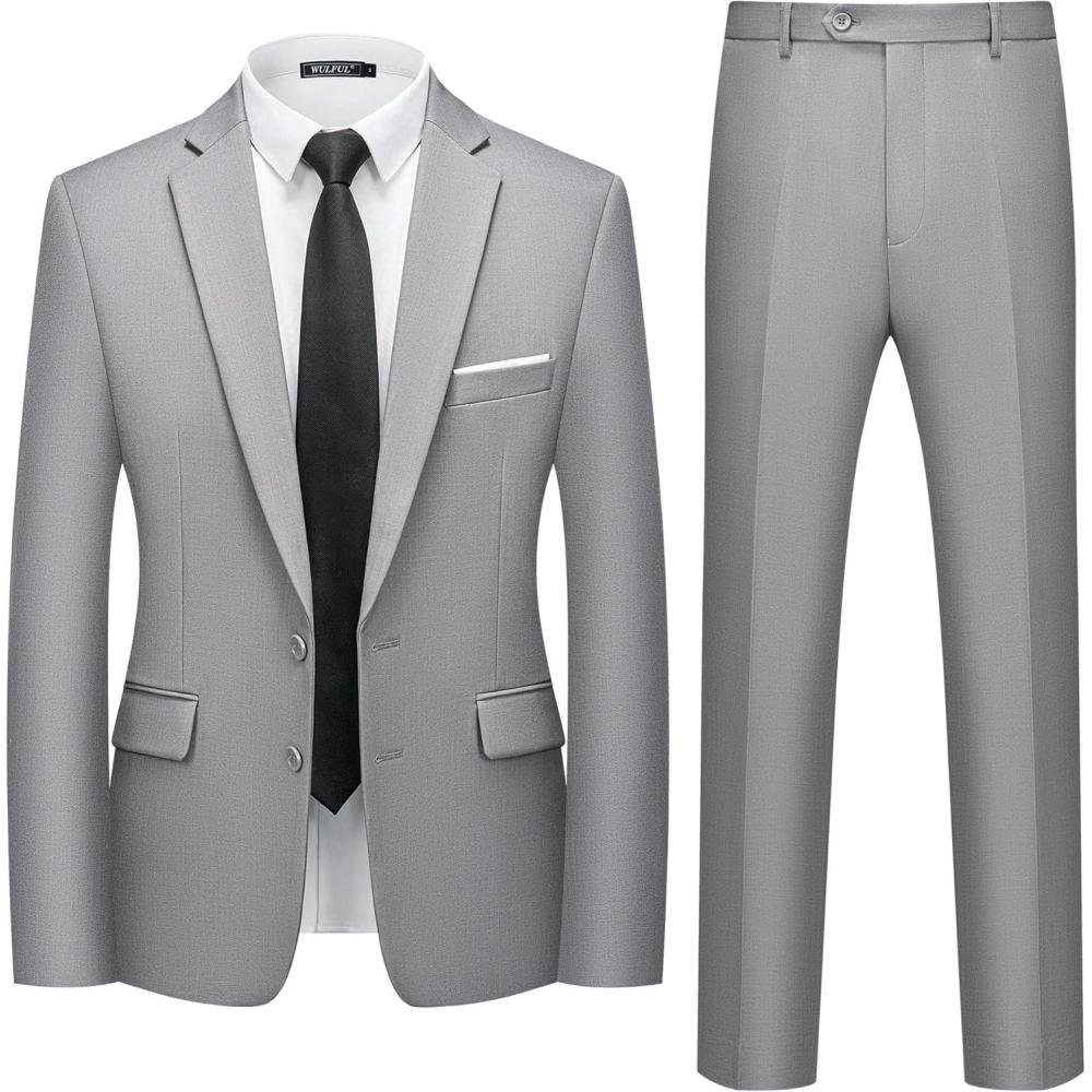 imageWULFUL Mens 2 Piece Suits Slim Fit Two Button Blazer Jacket Pants Set for PartyWedding and BusinessLight Gray