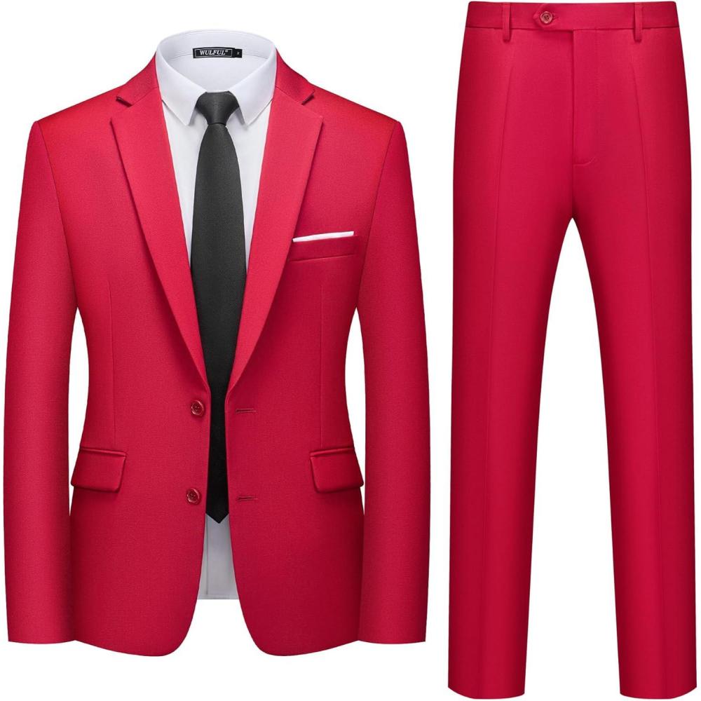 imageWULFUL Mens 2 Piece Suits Slim Fit Two Button Blazer Jacket Pants Set for PartyWedding and BusinessRed