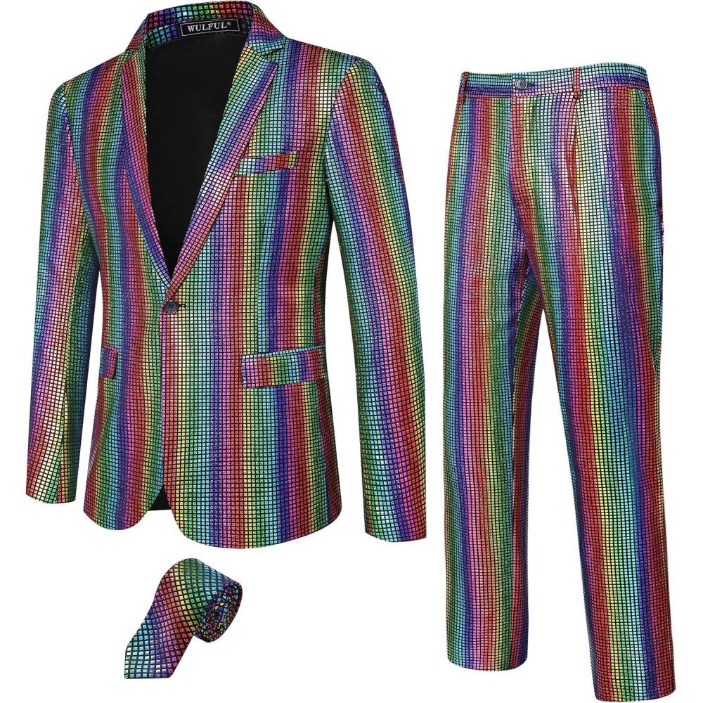 imageWULFUL Mens 3 Piece Slim Fit Suit Set One Button Blazer Jacket Pants Tuxedo Set for Party Wedding and Business