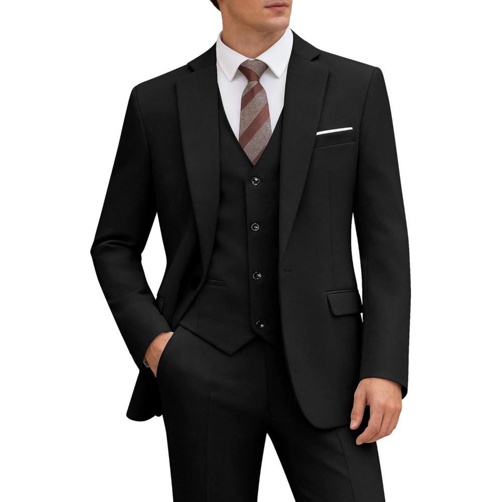imageWULFUL Mens 3 Piece Slim Fit Suit Set One Button Blazer Jacket Pants Tuxedo Set for Party Wedding and BusinessBlack