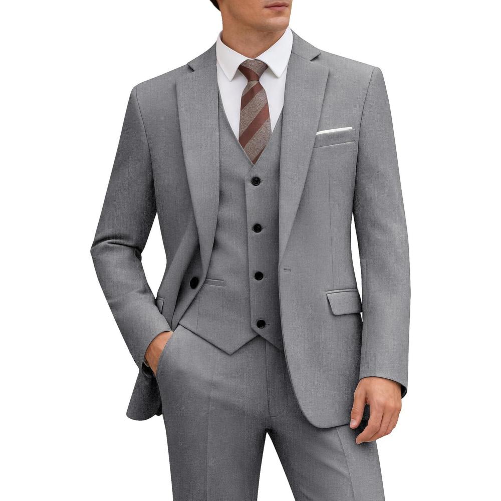 imageWULFUL Mens 3 Piece Slim Fit Suit Set One Button Blazer Jacket Pants Tuxedo Set for Party Wedding and BusinessDark Grey