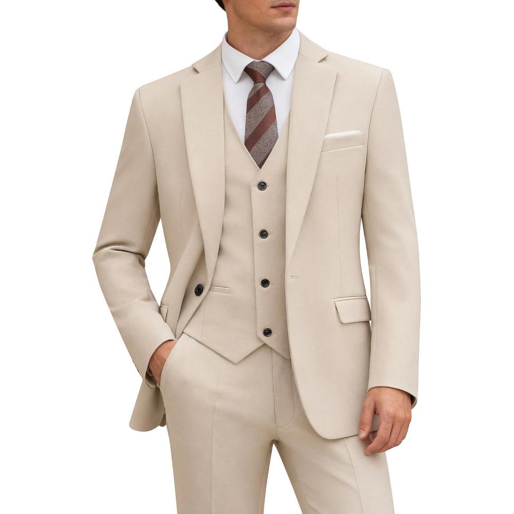 imageWULFUL Mens 3 Piece Slim Fit Suit Set One Button Blazer Jacket Pants Tuxedo Set for Party Wedding and BusinessKhaki