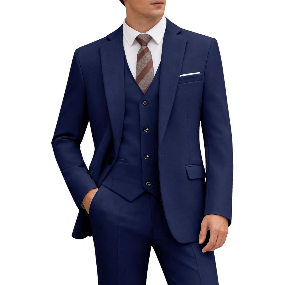imageWULFUL Mens 3 Piece Slim Fit Suit Set One Button Blazer Jacket Pants Tuxedo Set for Party Wedding and BusinessNavy