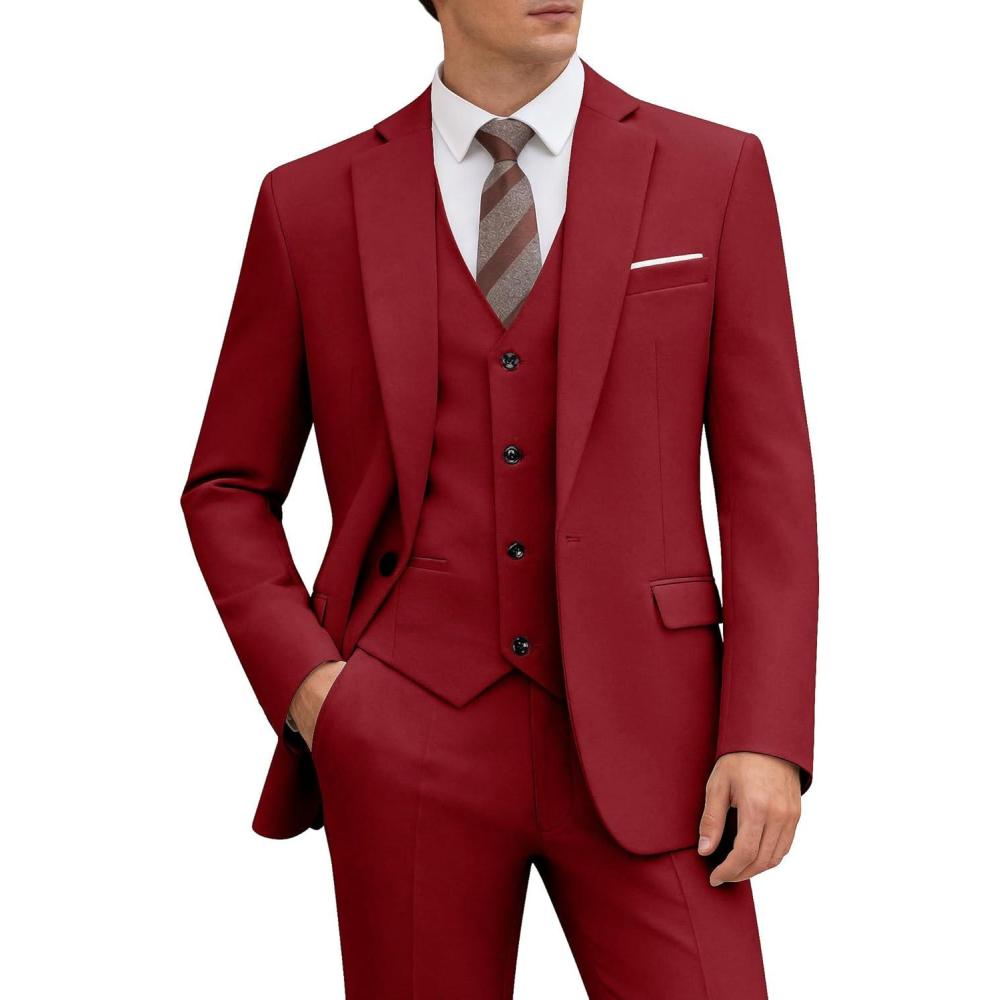 imageWULFUL Mens 3 Piece Slim Fit Suit Set One Button Blazer Jacket Pants Tuxedo Set for Party Wedding and BusinessRed
