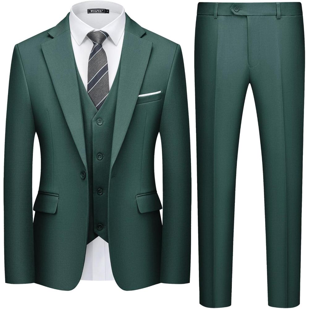 imageWULFUL Mens 3 Piece Slim Fit Suit Set One Button Blazer Jacket Pants Tuxedo SetBlackish Green