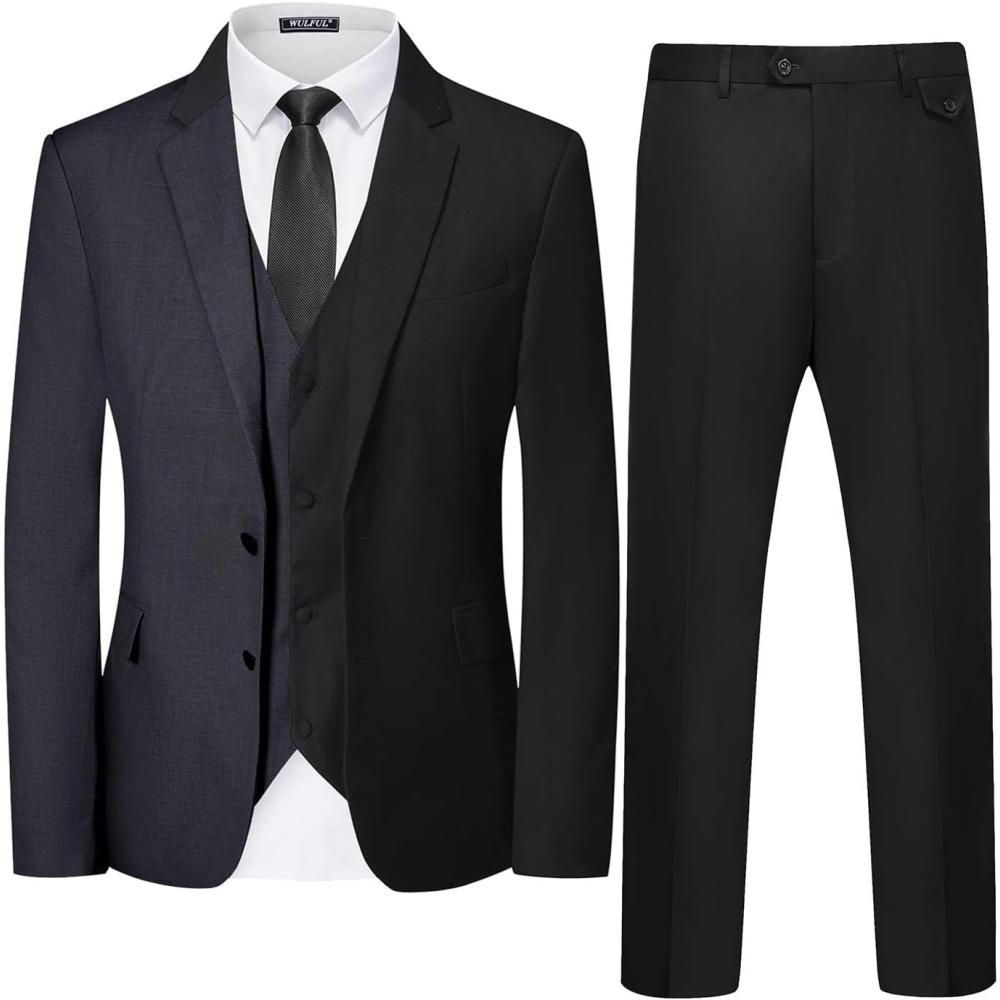 imageWULFUL Mens 3 Piece Slim Fit Suit Set Two Button Blazer Jacket Vest Pants Tuxedo Set for Party Wedding and Business Black Grey