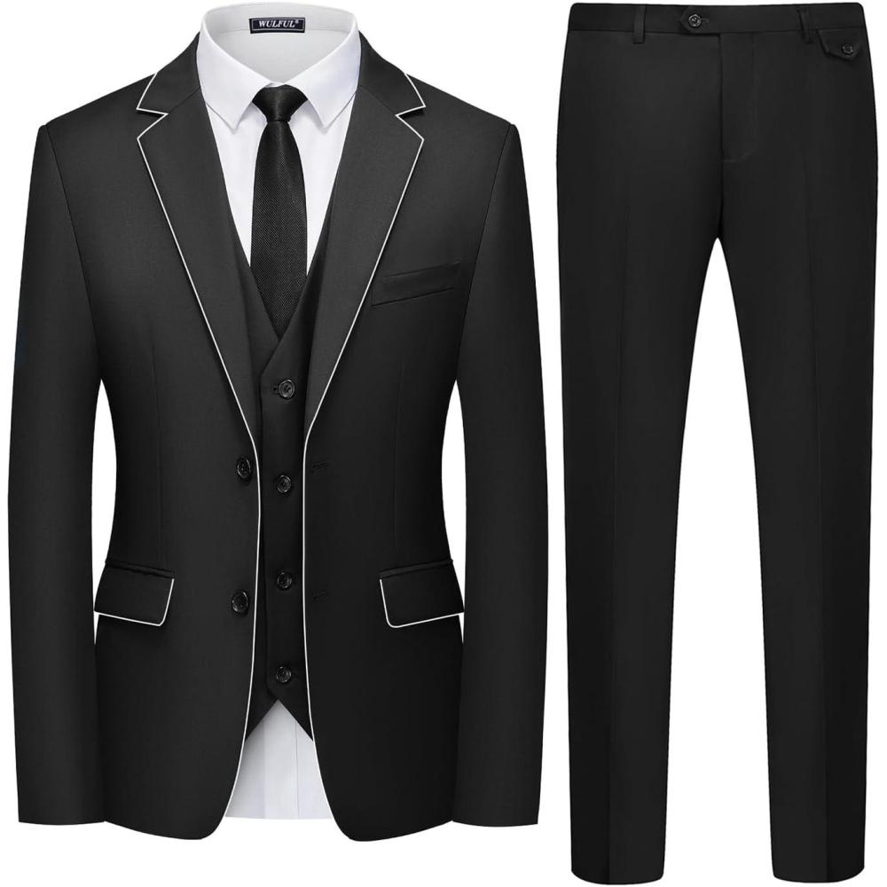 imageWULFUL Mens 3 Piece Slim Fit Suit Set Two Button Blazer Jacket Vest Pants Tuxedo Set for Party Wedding and BusinessBlack0368