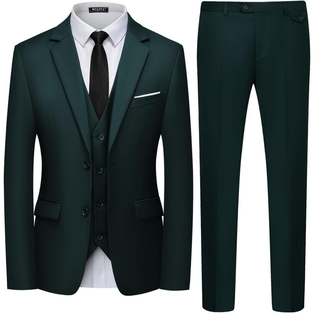 imageWULFUL Mens 3 Piece Slim Fit Suit Set Two Button Blazer Jacket Vest Pants Tuxedo Set for Party Wedding and BusinessBlackish Green