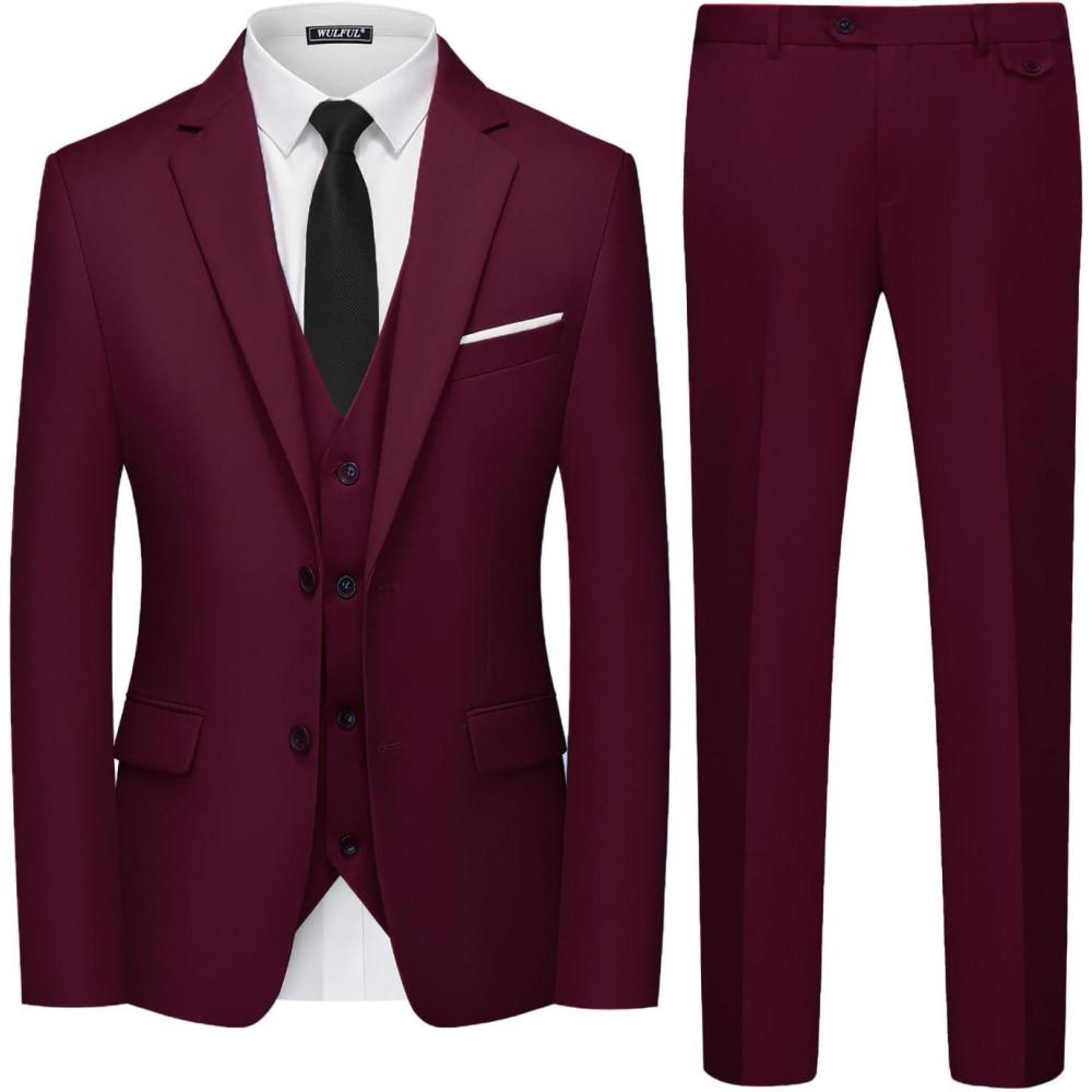 imageWULFUL Mens 3 Piece Slim Fit Suit Set Two Button Blazer Jacket Vest Pants Tuxedo Set for Party Wedding and BusinessBlanc Red