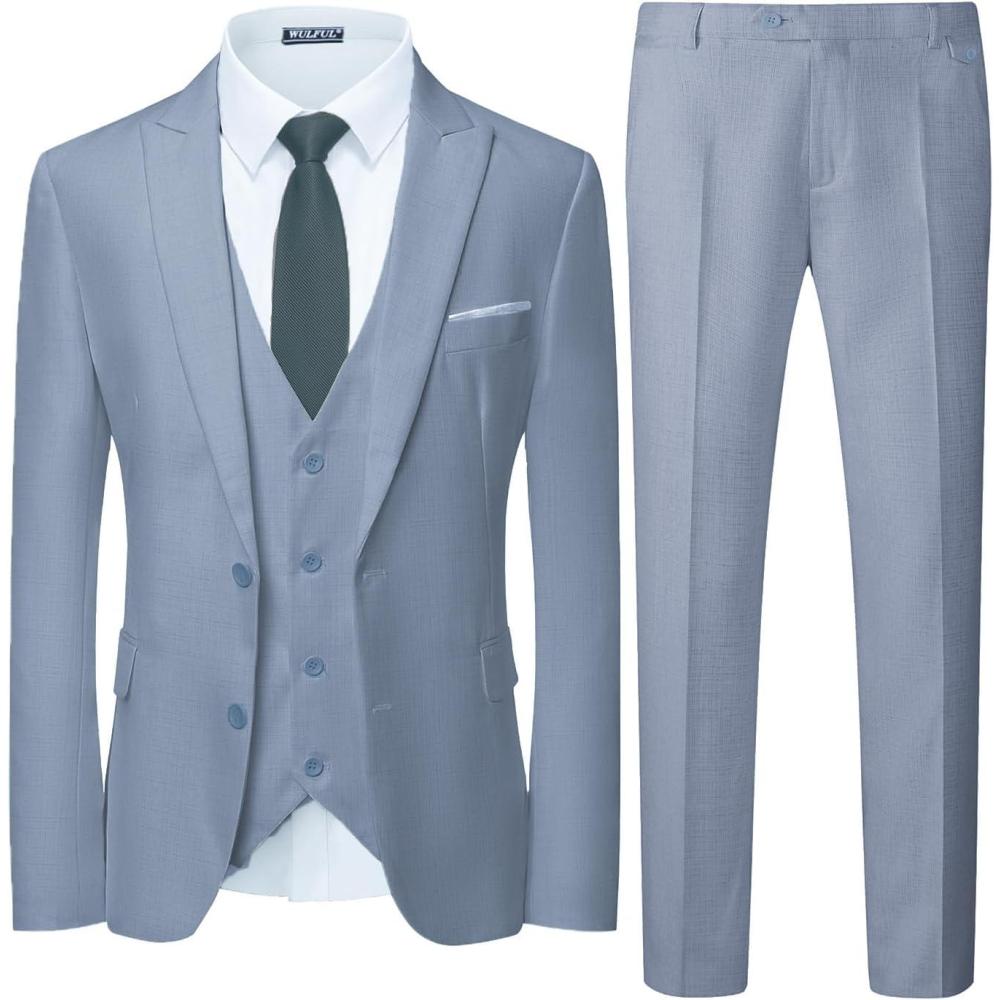 imageWULFUL Mens 3 Piece Slim Fit Suit Set Two Button Blazer Jacket Vest Pants Tuxedo Set for Party Wedding and BusinessBlue Hemp Gray