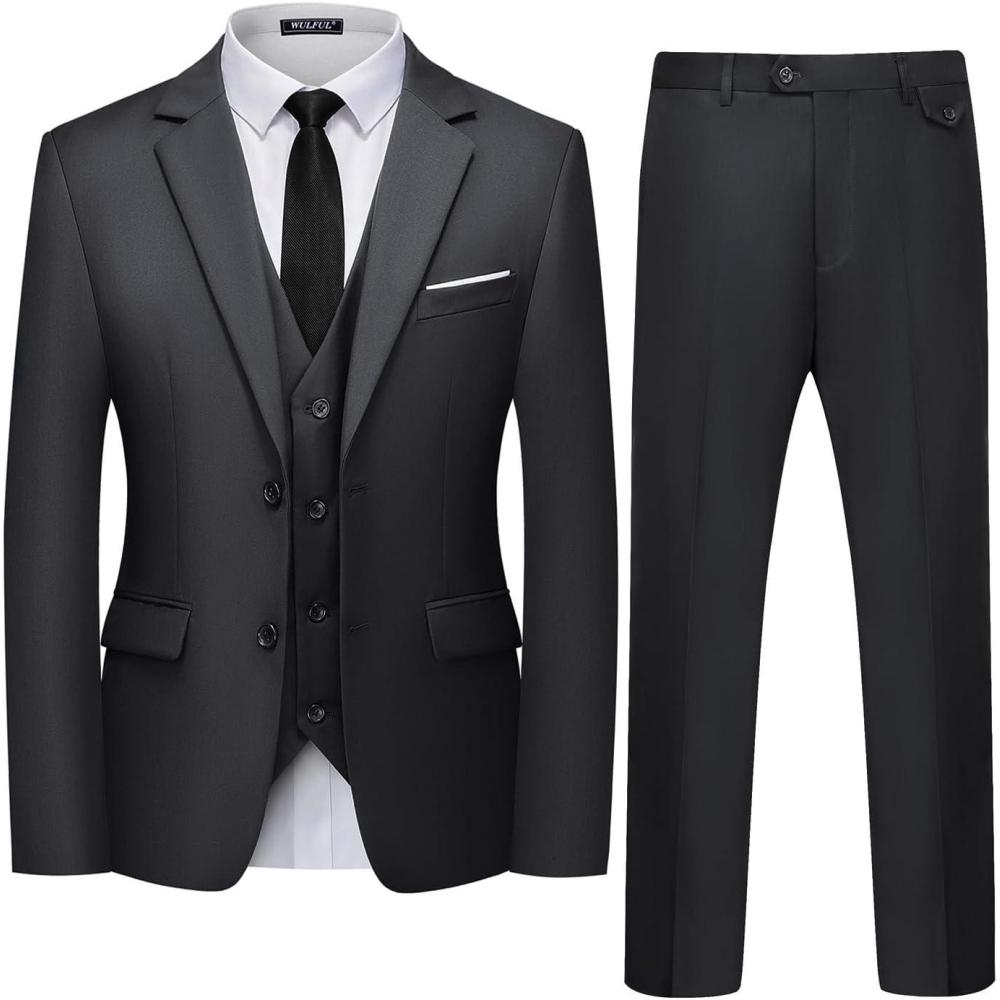 imageWULFUL Mens 3 Piece Slim Fit Suit Set Two Button Blazer Jacket Vest Pants Tuxedo Set for Party Wedding and BusinessDark Grey