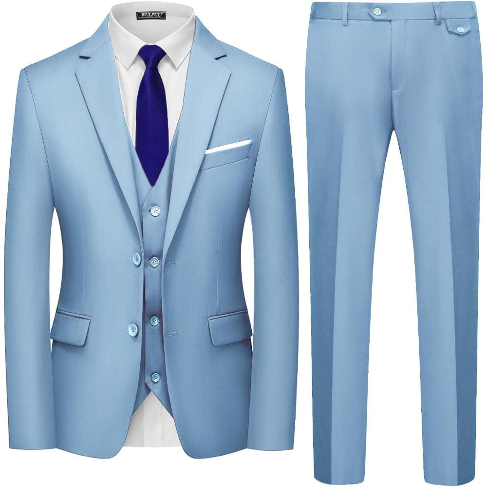 imageWULFUL Mens 3 Piece Slim Fit Suit Set Two Button Blazer Jacket Vest Pants Tuxedo Set for Party Wedding and BusinessLight Blue
