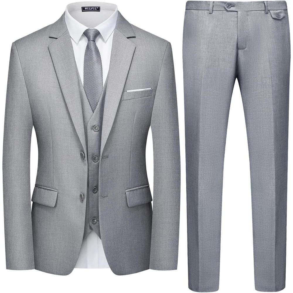 imageWULFUL Mens 3 Piece Slim Fit Suit Set Two Button Blazer Jacket Vest Pants Tuxedo Set for Party Wedding and BusinessLight Gray