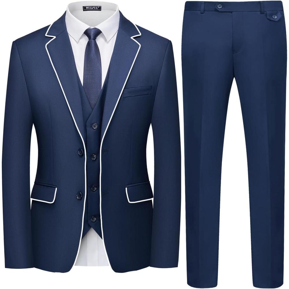 imageWULFUL Mens 3 Piece Slim Fit Suit Set Two Button Blazer Jacket Vest Pants Tuxedo Set for Party Wedding and BusinessNavy0368
