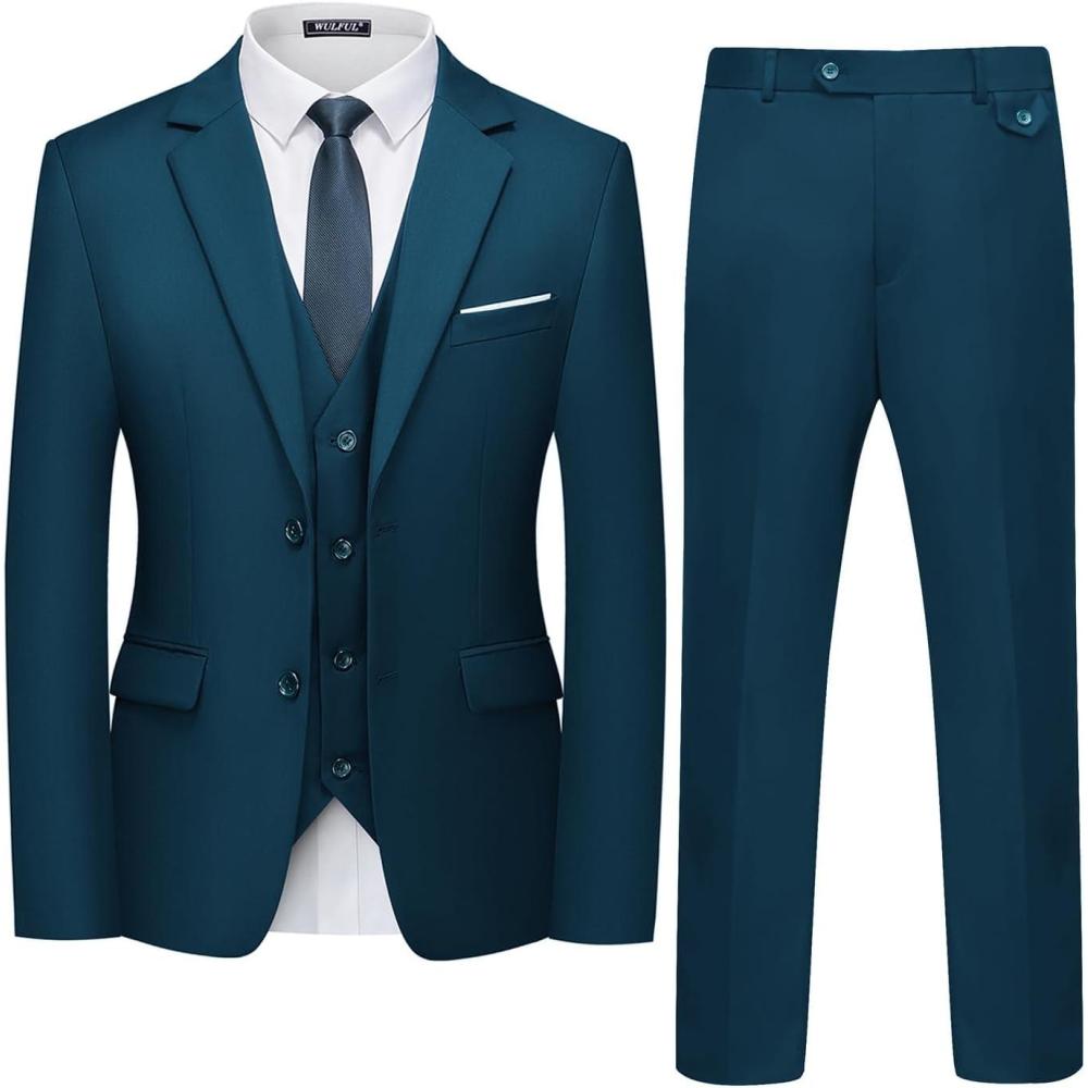 imageWULFUL Mens 3 Piece Slim Fit Suit Set Two Button Blazer Jacket Vest Pants Tuxedo Set for Party Wedding and BusinessSea Blue