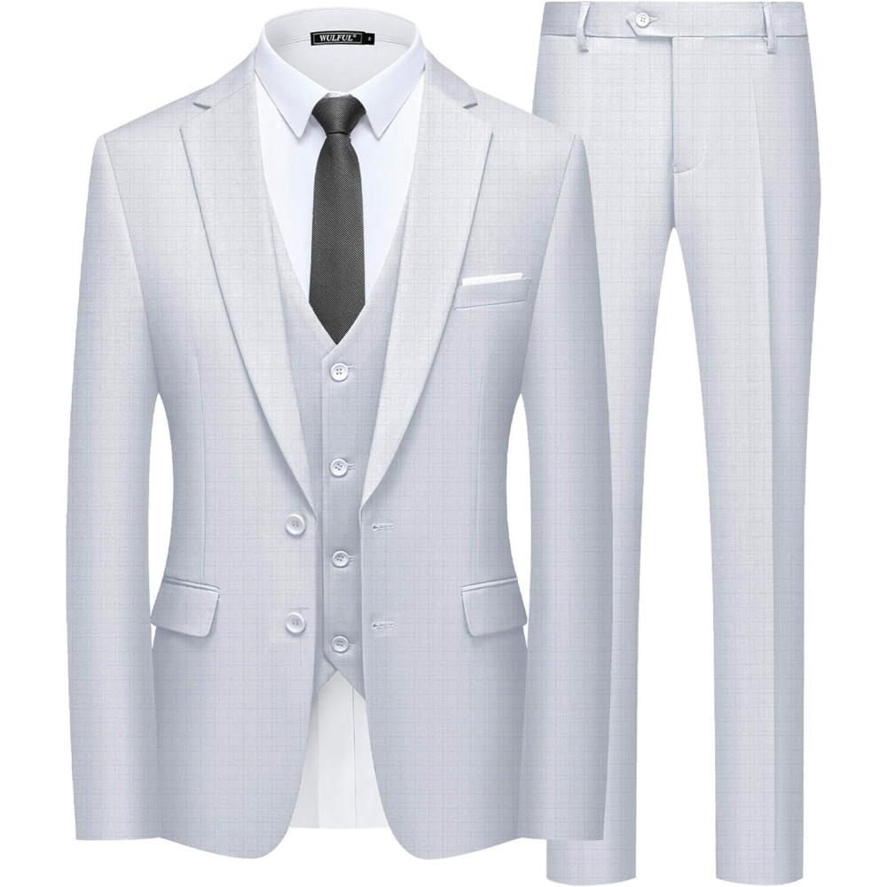 imageWULFUL Mens 3 Piece Slim Fit Suit Set Two Button Blazer Jacket Vest Pants Tuxedo Set for Party Wedding and BusinessWhite