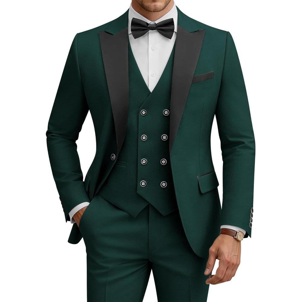 imageWULFUL Mens 3 Piece Suits Slim Fit Tuxedo Suit Set Double Breasted Suit Jacket Vest Pants Set for Wedding PromDark Green