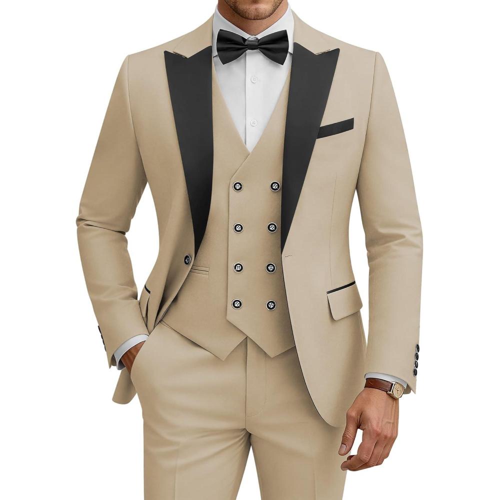imageWULFUL Mens 3 Piece Suits Slim Fit Tuxedo Suit Set Double Breasted Suit Jacket Vest Pants Set for Wedding PromKhaki
