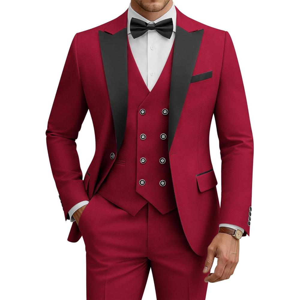 imageWULFUL Mens 3 Piece Suits Slim Fit Tuxedo Suit Set Double Breasted Suit Jacket Vest Pants Set for Wedding PromRed