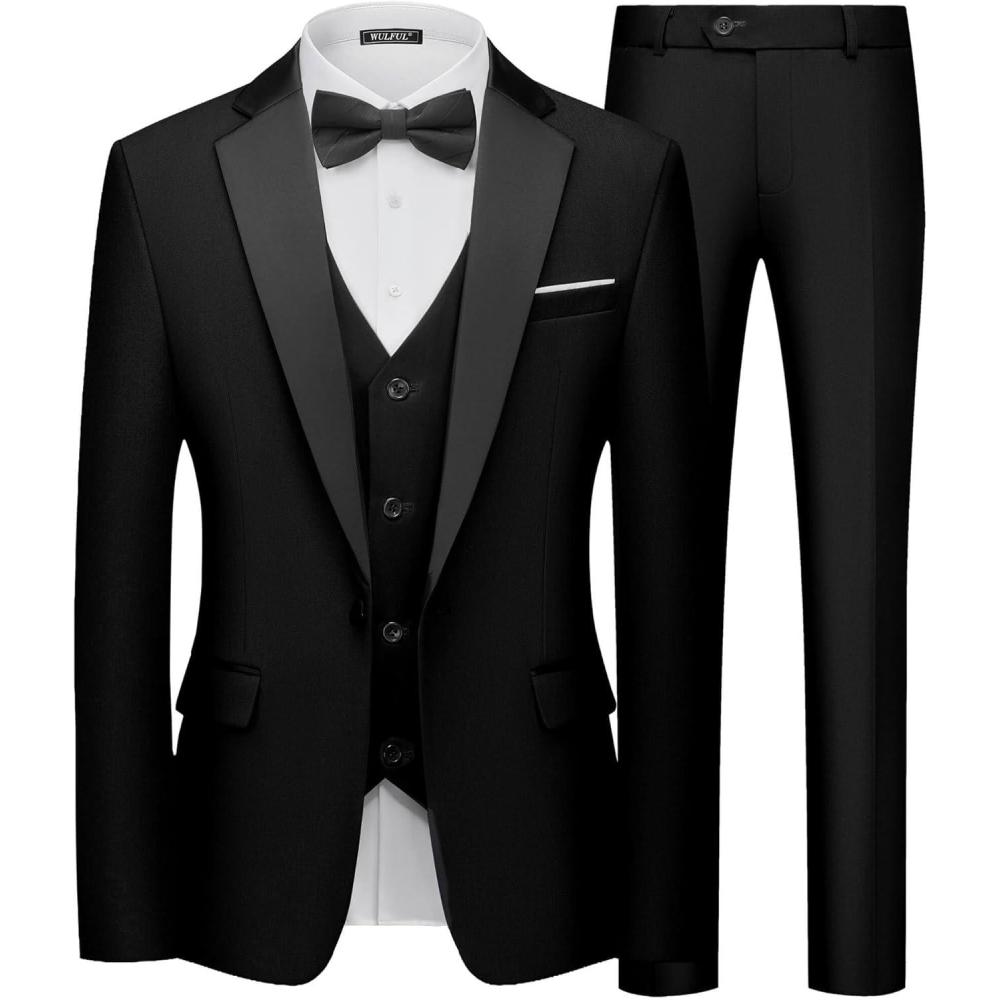 imageWULFUL Mens 3 Piece Suits Slim Fit Tuxedo Suit Set One Button Notch Lapel Blazer Jacket Vest Pants Set for Prom Business