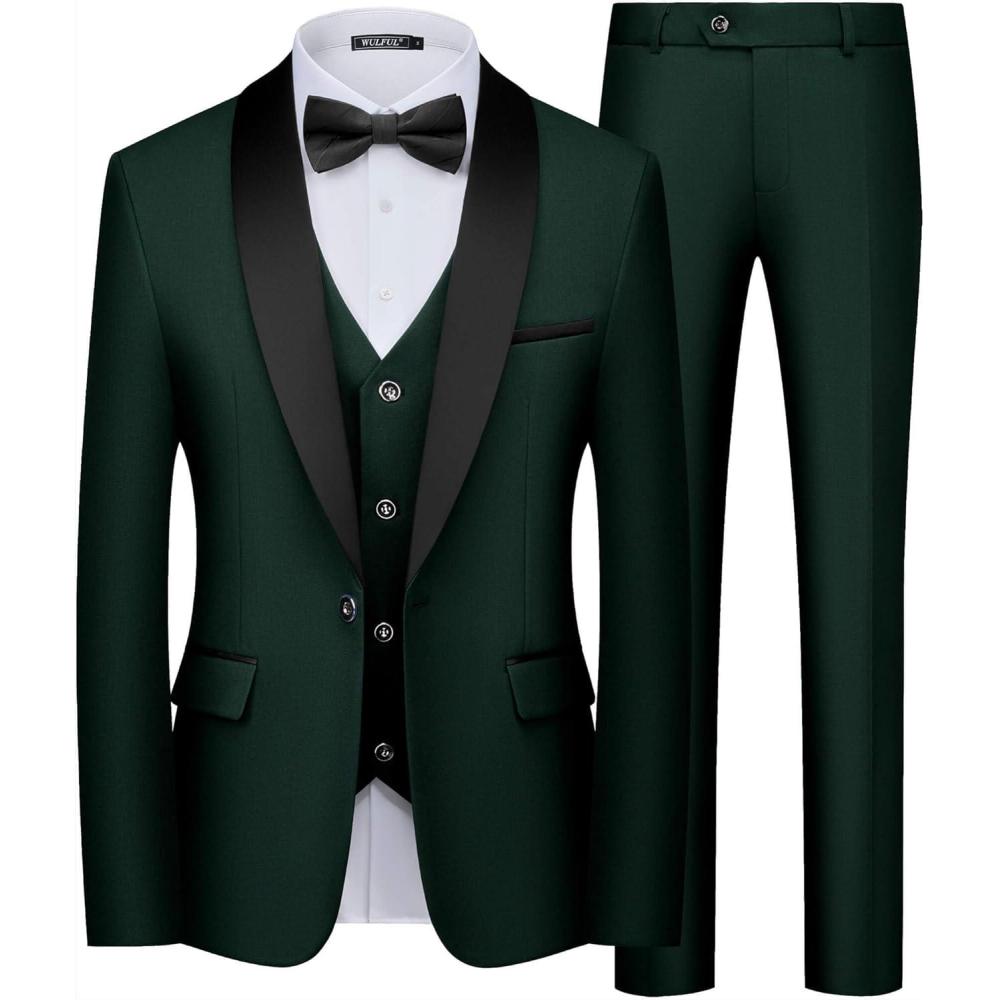 imageWULFUL Mens 3 Piece Suits Slim Fit Tuxedo Suit Set One Button Shawl Lapel Blazer Jacket Vest Pants Set for Prom BusinessDark Green