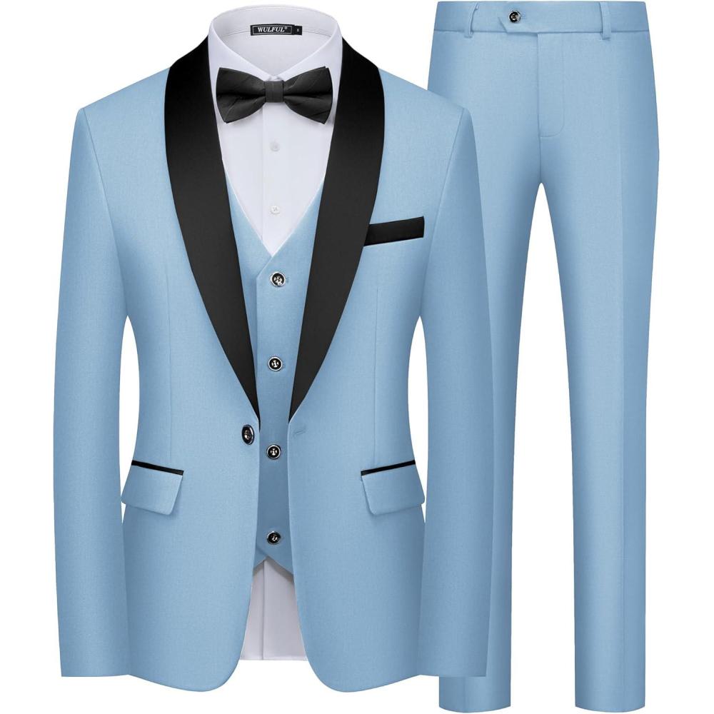 imageWULFUL Mens 3 Piece Suits Slim Fit Tuxedo Suit Set One Button Shawl Lapel Blazer Jacket Vest Pants Set for Prom BusinessLight Blue