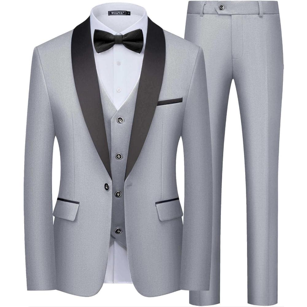 imageWULFUL Mens 3 Piece Suits Slim Fit Tuxedo Suit Set One Button Shawl Lapel Blazer Jacket Vest Pants Set for Prom BusinessLight Grey