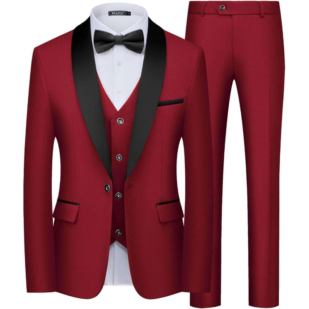 imageWULFUL Mens 3 Piece Suits Slim Fit Tuxedo Suit Set One Button Shawl Lapel Blazer Jacket Vest Pants Set for Prom BusinessRed