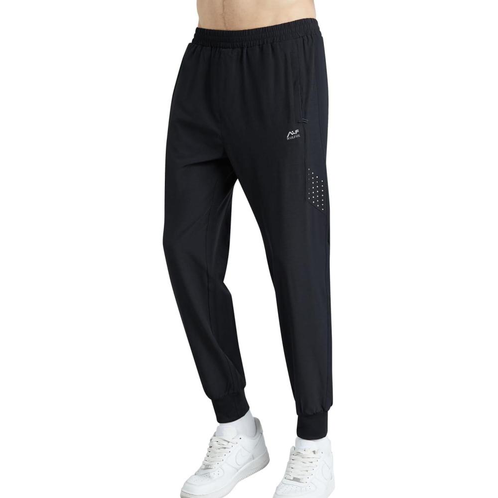 imageWULFUL Mens Athletic Running Joggers Workout Gym Pants Lightweight Track Casual Pant with Zipper PocketsBlack