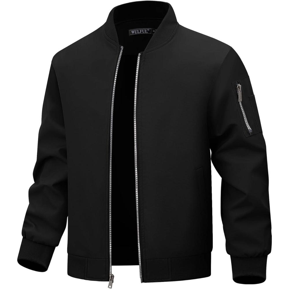 imageWULFUL Mens Bomber Jacket Lightweight Casual Windbreaker Zip Up Coat with PocketBlack