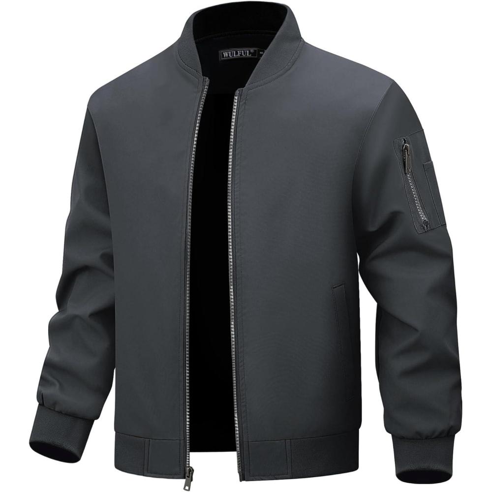 imageWULFUL Mens Bomber Jacket Lightweight Casual Windbreaker Zip Up Coat with PocketDeep Grey