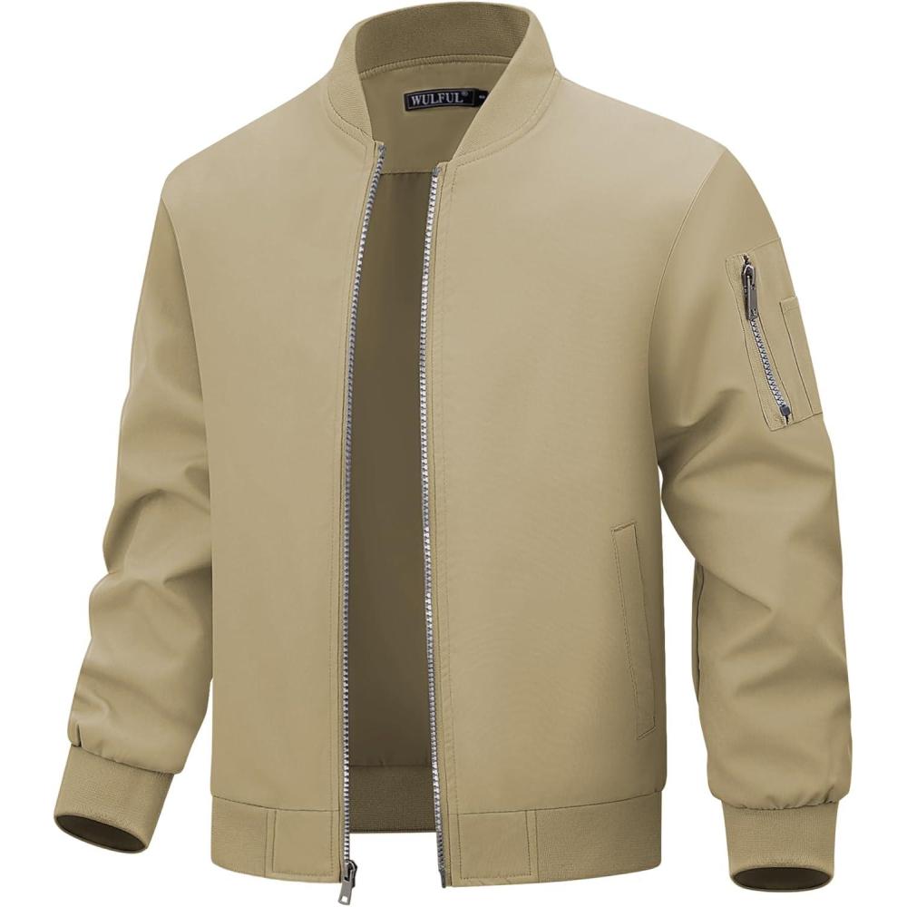 imageWULFUL Mens Bomber Jacket Lightweight Casual Windbreaker Zip Up Coat with PocketKhaki