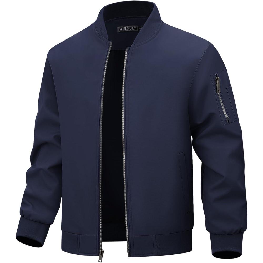 imageWULFUL Mens Bomber Jacket Lightweight Casual Windbreaker Zip Up Coat with PocketNavy