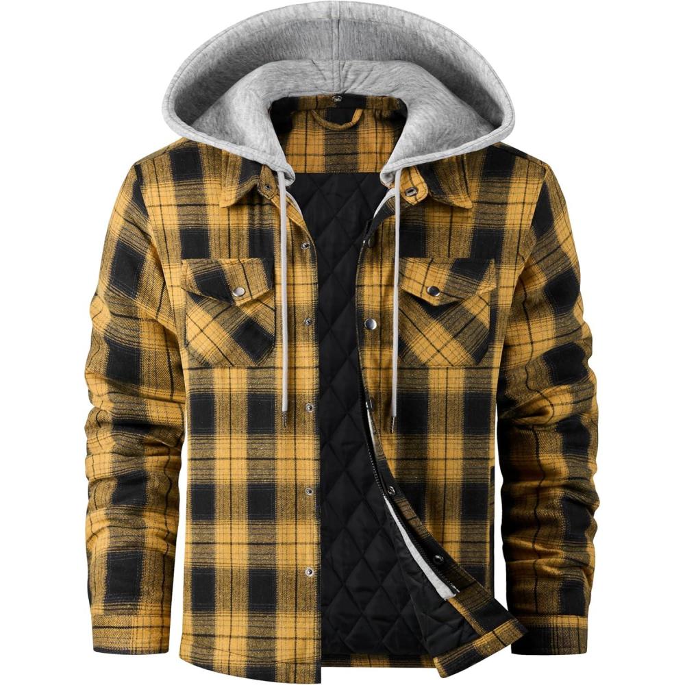 imageWULFUL Mens Cotton Plaid Shirts Jacket Fleece Lined Flannel Shirts with HoodBlack Yellow976