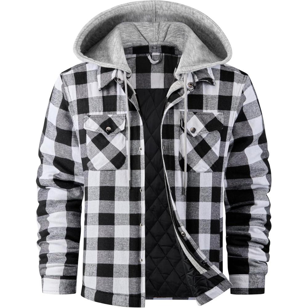 imageWULFUL Mens Cotton Plaid Shirts Jacket Fleece Lined Flannel Shirts with HoodBlack649