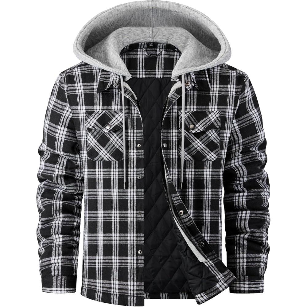 imageWULFUL Mens Cotton Plaid Shirts Jacket Fleece Lined Flannel Shirts with HoodBlack758